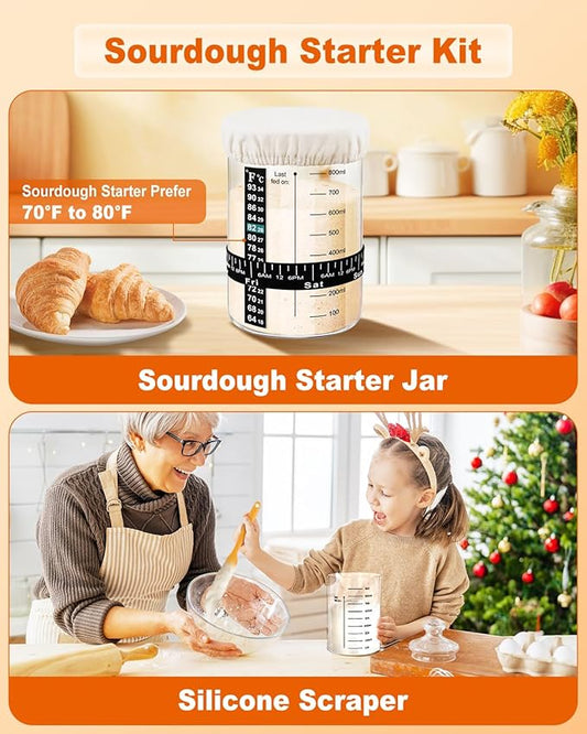 Sourdough Bread Baking Supplies Tools,10 Inch Oval & 9 Inch Round Banneton Bread Proofing Basket Set,Sourdough Starter Kit Gift for Bread Making (white with Starter Jar)