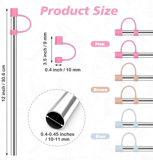 Stainless Steel Straws with covers fit Stanley 40 oz tumbler, Reusable 12 Inch Metal Straw with Silicone Tips & Cover Caps, Compatible with Stanley Quencher H2.0 (6 Pack: 3 Bent + 3 Straight)