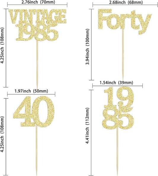 Gyufise 24Pcs Happy 40th Birthday Cupcake Toppers Glitter Forty 40 Fabulous Vintage 1985 Cake Toppers for 40th Birthday Wedding Anniversary Party Cake Decorations Supplies Gold