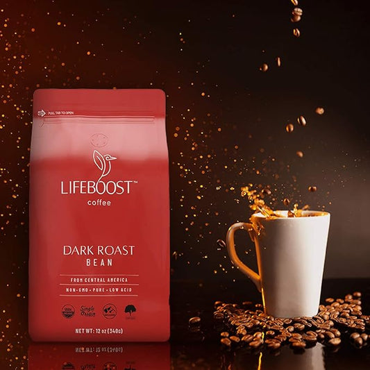 Lifeboost Dark Roast Whole Bean Coffee - Non-GMO Low Acid Single Origin USDA Organic Coffee - Third Party Tested For Mycotoxins & Pesticides - 12 Ounces (Pack of 3)