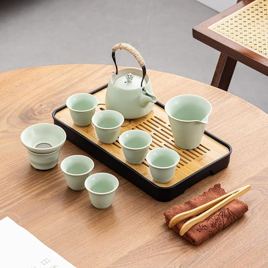 Travel tea set,Portable ceramic tea set,Chinese tea set,Tea sets for adults,Tea pot sets,Portable Travel Bag,Home,Gifting,Outdoor and Office,茶具 (Light green)