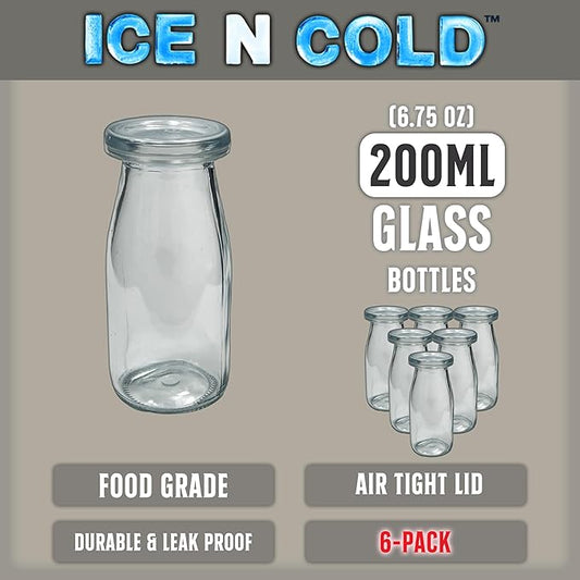 6.76 oz / 200ml Vintage Glass Bottle with Leakproof Clear Lid, Reusable & Eco-Friendly – Ideal for Milk, Juices, Smoothies, Infused Water, BPA-Free Glass Bottle (6-Pack)