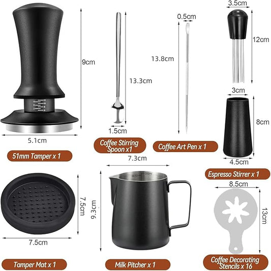 Gmnuiy22 PCS 51mm Coffee Tamper ,Espresso Accessories,Barista Kit with Espresso Tamper ,Frothing Pitcher,WDT Tool,Coffee Stirrer,Tamper Mat ,Coffee Stencils , Latte Art Pen