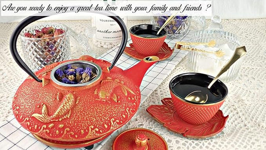 7PC Japanese Tea Set."Red Koi" Cast Iron Tea Pot with 2 Tea Cups, 2 Saucers, Tea Infuser and Teapot Trivet. Ceremonial Matcha Accessories