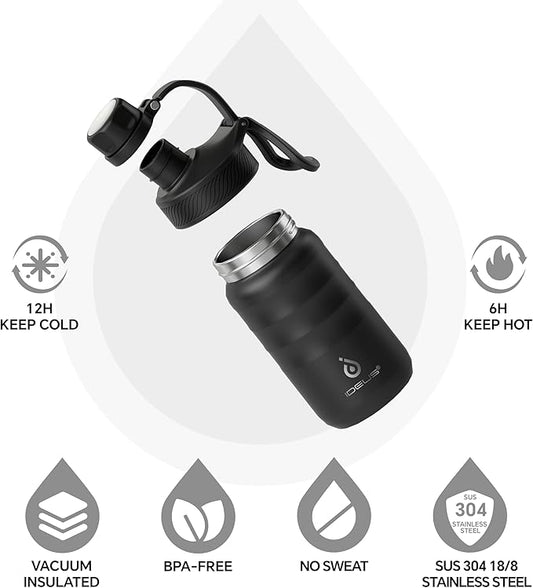 IDEUS Insulated Water Bottle 12oz, Stainless Steel Insulated Water Bottle For School, Insulated Bottles With Straws Leakproof, Vacuum Double Wall Water Bottles For Boys And Girls With 2 Lids, BPA Free