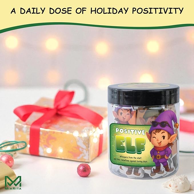 Positive Christmas Elf Jar β 60 Funny Emotional Support Jar, for Kids, Tweens, Teens, Women, Coworkers, Teachers, Sisters, Friends β Christmas Stocking Stuffer for Teens, Tweens, Kids