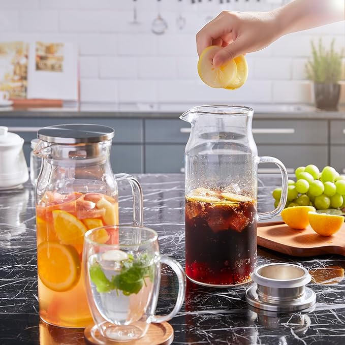 1.2 Liter 40 oz Small Glass Pitcher with Lid and Spout, Glass Carafe for Hot/Cold Water, Iced Tea Jug for Coffee, Juice and Homemade Beverage