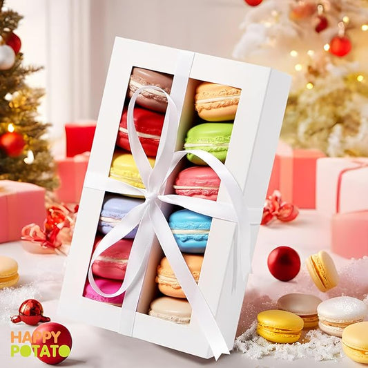 HAPPY POTATO 15 Pack Macaron Boxes with Clear Window and Ribbon, White, 7.2x4x1.9 Inches, Gift-Wrap Boxes for Weddings and Gifting