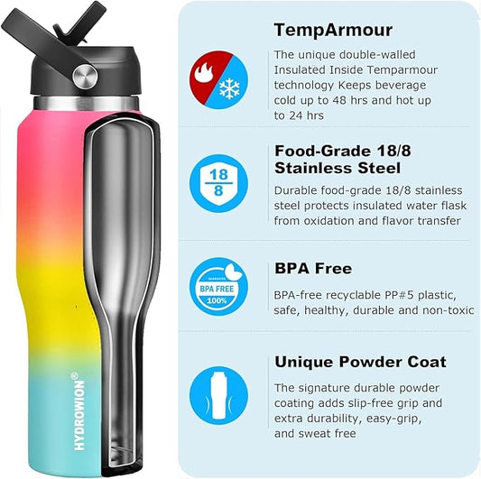 40 oz Insulated Water Bottle with Straw fit in Car Cup Holder(Cold 48 hrs, Hot 24 hrs) Drinking Bottle with Straw Lid, Spout Lid and Flex Cap Leakproof Travel Thermo Mug,Red - Yellow - Blue
