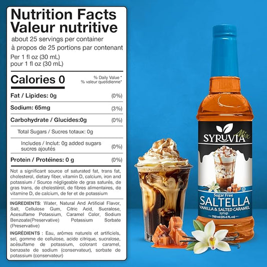 Syruvia Sugar Free Coffee Syrup, SALTELLA Syrup, Vanilla Salted Caramel Flavored Syrup for Drinks, Lattes, and Desserts – 25.4 fl oz