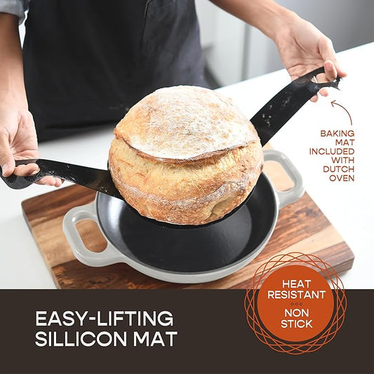 Enameled Cast Iron Dutch Oven for Sourdough Bread Baking | 6 Quart Pot with Lid | 10 Inch Ceramic Enamel Thick Coated Cookware Set with Non Stick Silicone Baking Mat for Cooking | 6 Qt | White