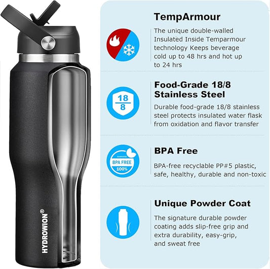 HYDROWION 40 oz Insulated Water Bottle with Straw fit in Car Cup Holder(Cold 48 hrs, Hot 24 hrs) Drinking Bottle with Straw Lid, Spout Lid and Flex Cap Leakproof Travel Thermo Mug,Black