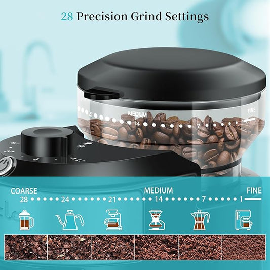 Wancle Burr Coffee Grinder Flat Burr Coffee Grinder with 28-Setting, Precise Grinding with 2-12 Cup Capacity, Easy to Clean, Compact and Space-Saving Design