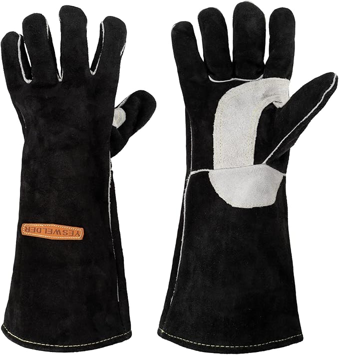 YESWELDER Leather Forge MIG Welding Gloves, Heat Fire Resistant Welders Gloves, Black, also Perfect for Grill/BBQ/Wood Stove/Oven/Fireplace/Cutting