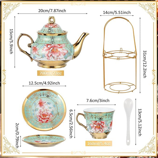 Zhehao 20 Pcs Porcelain Tea Set with Metal Holder and Spoon Adult Ceramic Tea Party Set European Flower Painting Teapot Cup Saucer Spoon Set for Women, Large Version(Fresh Style)
