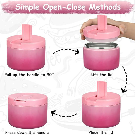 12oz Insulated Vacuum Food Jar with Buckle Lid Wide Mouth Soup Thermo for Hot Food Kids Leakproof Stainless Steel Lunch Container (Gradient Pink, 12OZ)