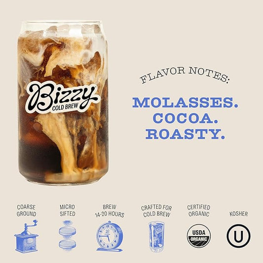 Bizzy Organic Cold Brew Coffee | Dark & Bold Blend | Coarse Ground Coffee | Dark Roast | Micro Sifted | Specialty Grade | 100% Arabica | Brew Bags | 12 Count | Makes 42 Cups