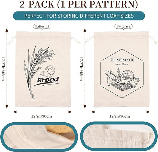 2 Pack of Bread Bags for Homemade Bread,Reusable Linen Sourdough Storage Bags with Plastic Liner,Cotton (17.7" x12")