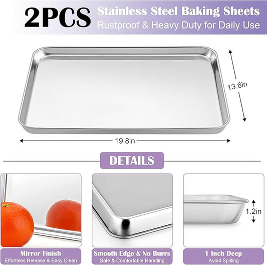 E-far Large Baking Sheet with Wire Rack (2 Pans + 2 Racks), 20 x 14 Inch Stainless Steel Cookie Pans Tray & Cooling Rack for Baking, Non Toxic & Heavy Duty & Rust Free, Oven & Dishwasher Safe