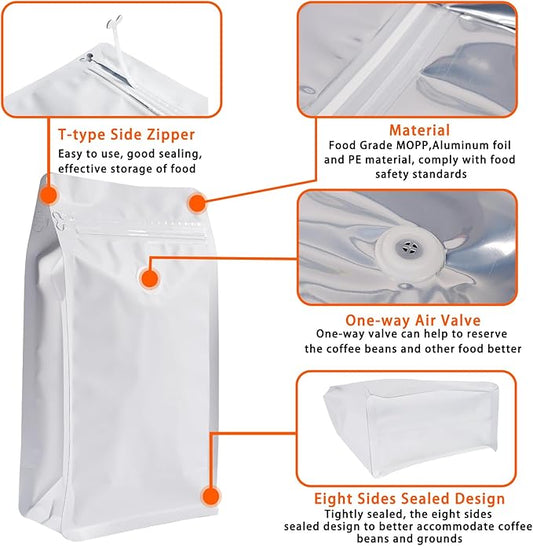 Coffee Bags with Valve (50 PCS,32oz/2lb) White High Barrier Aluminum Foil Flat Bottom Standing Coffee Beans Storage Packaging Bags, Reusable Heat Seal Side Zipper Pouches for Small Business and Home