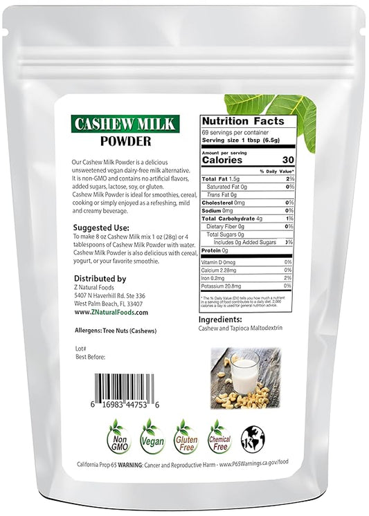 Z Natural Foods Cashew Milk Powder, Cashew Milk for Healthy Heart, Bones, and Skin, Ideal for Tea, Smoothies, and Recipes, High in Fiber, Non-GMO, Vegan, Gluten-Free, Kosher, 1 lb. (Pack of 2)