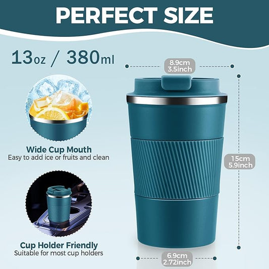 Volhoply 13 oz Stainless Steel Insulated Travel Coffee Mug with Fip Lid Bulk 2 Pack,Reusable Double Wall Vacuum Metal Coffee Cup,Portable Leak Proof Thermal Tumbler for Hot & Cold Drinks(Bule,2)