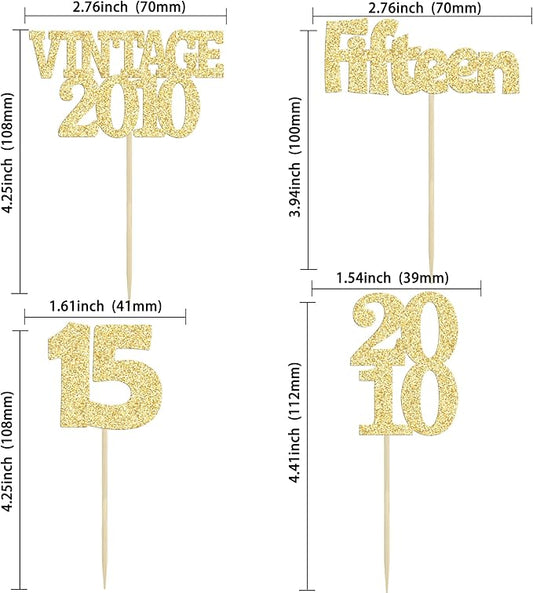 Gyufise 24Pcs Sweet 15 Cupcake Toppers Glitter Fifteen Vintage 2010 15th Birthday Cupcake Picks Hello 15 Years Birthday Cake Decorations for Happy 15th Anniversary Party Supplies Gold