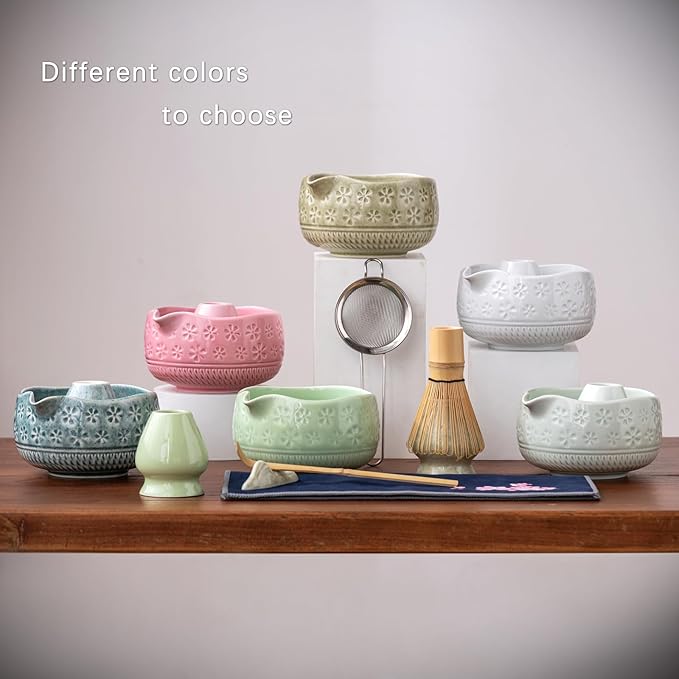 Matcha Whisk Set, Ceramic Matcha Set Includes Matcha Bowl, Matcha Whisk and Holder, Bamboo Scoop, Scoop Rest, Sifter and Tea Towel - 7 Pcs Matcha Kit for Matcha Lovers (Blue)
