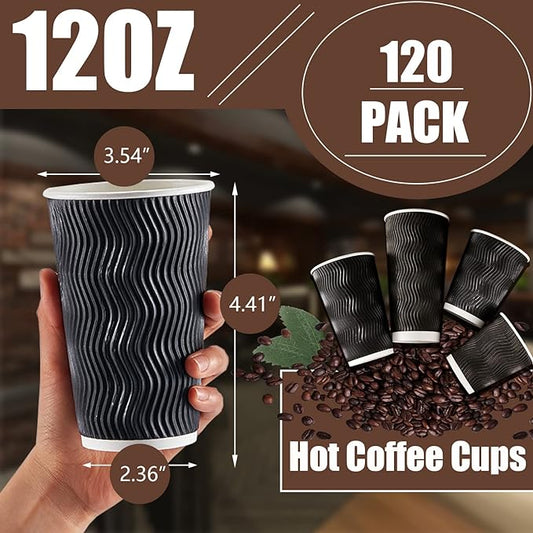 Lamosi 12 oz Disposable Coffee Cups - 120 Pack, Insulated Corrugated Paper Cups 12 oz, Kraft Ripple Wall Cups for Hot Beverage or Cold Drinks Office/Home/Party/Travel/Cafe (Black)
