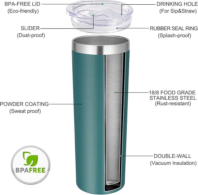 VEGOND Stainless Steel Tumblers Bulk 12 Pack, 20 oz Vacuum Insulated Skinny Tumblers with Lids and Straws, Double Wall Coffee Mug, Travel Water Cup