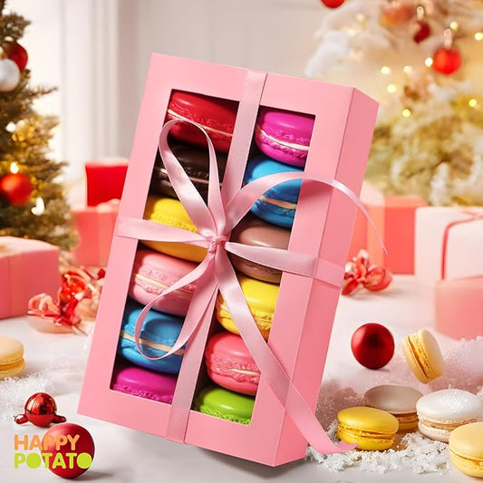 HAPPY POTATO 15 Pack Macaron Boxes for 12, 7.2×4×1.9 Inches, Macarons Packaging Boxes, Pink Macaron Gift Box with Window