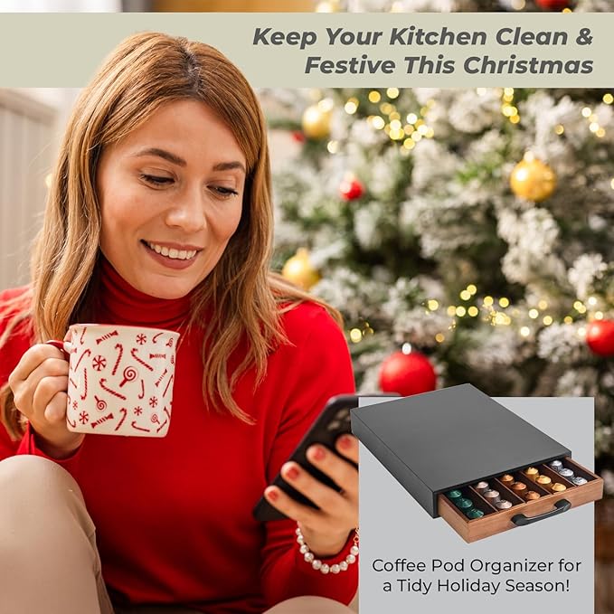 Coffee Pod Holder Compatible with Nespresso OriginalLine Capsules β 50-Pod Acacia Wood Drawer Organizer with Anti-Slip Base β Space-Saving Coffee Capsule Storage for Espresso Stations & Countertops