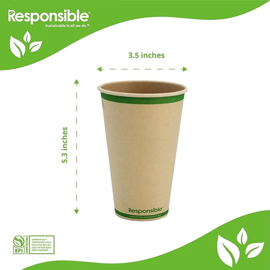 Certified Compostable 16 oz Paper Cups, Cold & Hot Coffee Cups, Disposable Paper Cups, Extra Strength Disposable Cups, Made without PFAS (50 count)