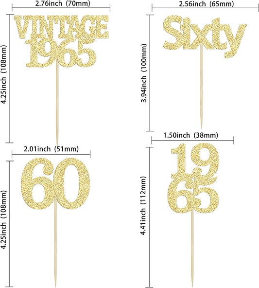 Gyufise 24Pcs 60th Birthday Cupcake Toppers Cheers to 60 Fabulous Sixty Cupcake Picks Vintage 1965 Decorations for 60th Birthday Wedding Anniversary Party Cake Decorations Supplies Gold