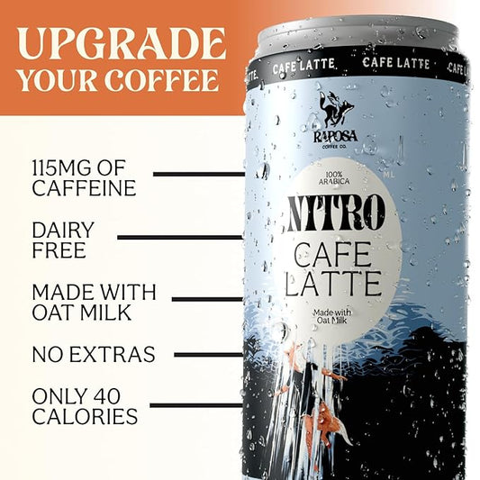 Raposa Nitro Cold Brew Ready to Drink Coffee 250ml - 8.45oz - Made with Oat Milk- Dairy Free - Vegan Cold Brew Ready to Drink, Non GMO, No Artificial Anything - 150mg Caffeine (Cafe Latte (12 Pack))