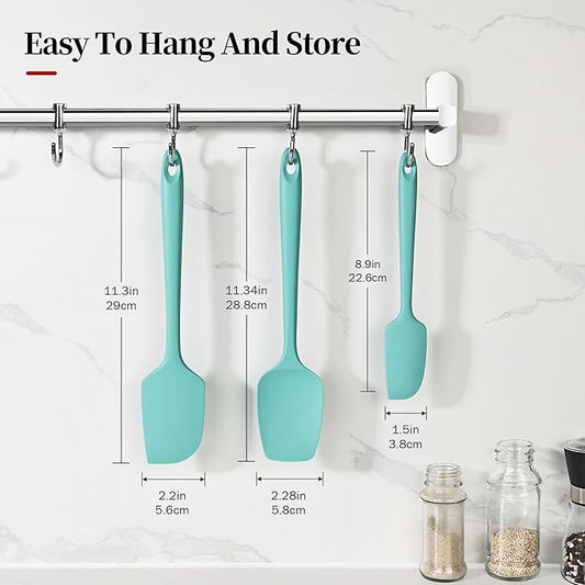 600ºF Heat Resistant Spatulas, High Heat Food Safe Semless Kitchen Silicone Scraper Set for Cooking Baking Mixing Scraping Stirring Nonstick Cookware Pan Bowl (3Pcs,Aqua Sky)