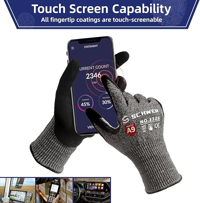 Schwer ProGuard Highest Level Cut Resistant Work Gloves PR3326 for Extreme Protection,ANSI A9 Cut Gloves with Reinforced Thumb, Non Slip, Non PFAS, Durable, Touch-screen, Black 2 Pairs(L)