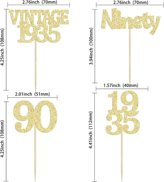 Gyufise 24Pcs 90th Birthday Cupcake Toppers Glitter Cheers to 90 Fabulous Ninety Vintage 1935 Cupcake Picks 90th Birthday Wedding Anniversary Party Cake Decorations Supplies Gold