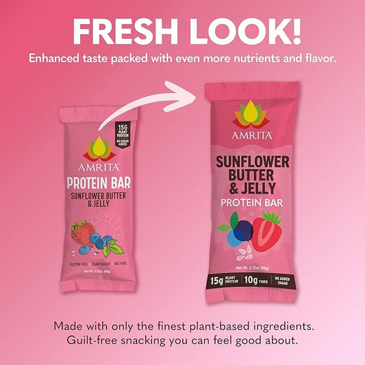 Amrita Nut Free Sunflower Butter & Jelly Vegan Protein Bars (12 Count) | 15g Plant-Based Protein Bar | Peanut Free, Gluten Free, and Dairy Free | Low Sugar, High Fiber, Healthy School-Safe Snacks