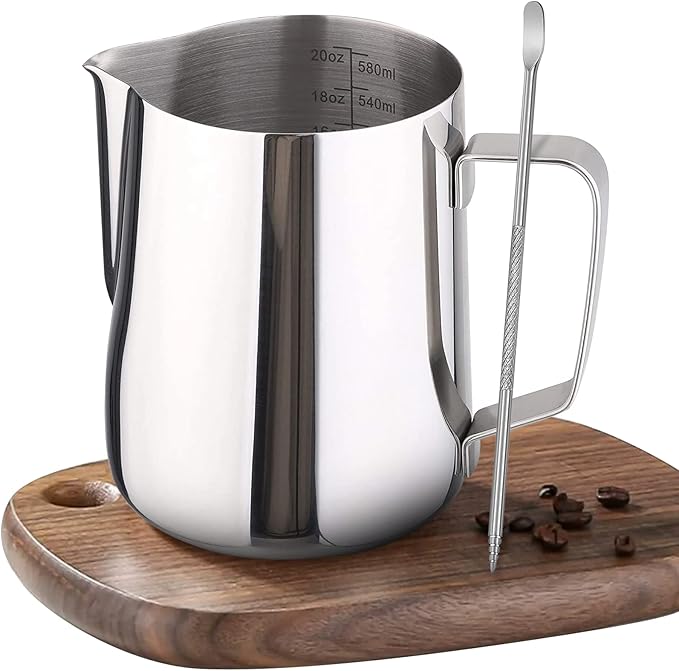 Milk Frother Pitcher 20 OZ,Espresso Milk Frothing Pitcher, Milk Steamer Cup Steaming Pitcher, Stainless Steel Coffee Froth Cup with Latte Art Pen for Coffee Cappuccino (Silver)