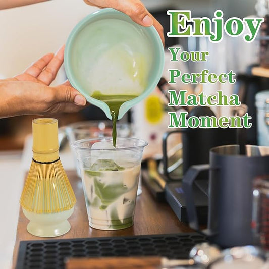 Matcha Whisk Set, Ceramic Matcha Bowl with Spout, Bamboo Whisk, Traditional Scoop, Chasen Holder, Powder Sifter, Japanese Tea Making Kit for Matcha Lovers Beginners Birthday Christmas Gift