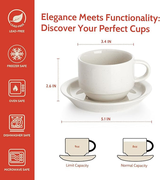 Sweese Porcelain Cappuccino Cups Set - 8 oz Stackable Coffee Mugs with Saucers, Metal Stand, Dove Grey, Set of 4