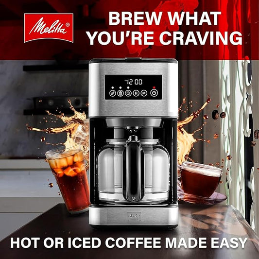 Melitta Aroma Series Programmable Drip Coffee Makers Parent (Aroma Tocco Plus Black and Stainless Steel 12 Cups) with 5-Pack Coffee Filters