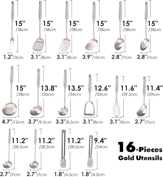 18/10 Stainless Steel Cooking Utensils Set - 16 PCS All Metal Kitchen Tools, Serving Utensils - Whisk, Masher, Fork, Tongs, Solid/Slotted Spoon, Spatula, Turner, Ladle, Skimmer, Pasta, Large Spoon Set