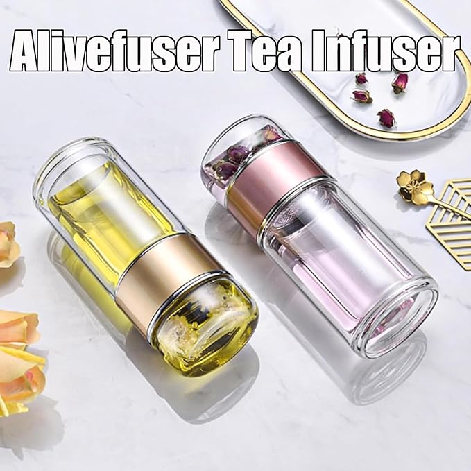 Tryteava Glass Infuser, Tryteava 3-in-1 Smart Tea Infuser, Portable Glass Double Wall Tea Infusers Bottle, with Stainless Steel Filter, Hot & Cold Brew, For Loose Leaf, Office Home (Gold, 280ml)
