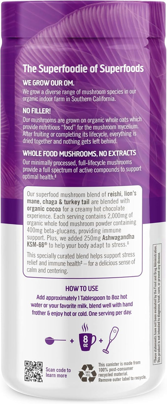 OM MUSHROOM SUPERFOOD Hot Chocolate Blend – Dutch Cocoa with Lion’s Mane, Reishi, Chaga & Turkey Tail – Supports Focus, Calm & Stress Relief – 2g Sugar, 25 Calories – 8.47 oz Canister (30 Servings)