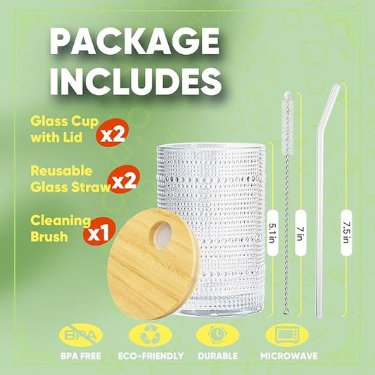 15 Oz Glass Cups with Lids and Straws, Vintage Embossed Glassware for Whiskey Cocktail Beer, Iced Coffee Cup with Lid (2 PACK)