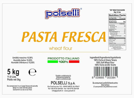 POLSELLI Fresh Pasta Flour, 100% Soft Wheat, 5 kg (11 lbs) Tipo 00, Bread Machine or Handmade Pasta for Bread, Gnocchi, Product of Italy
