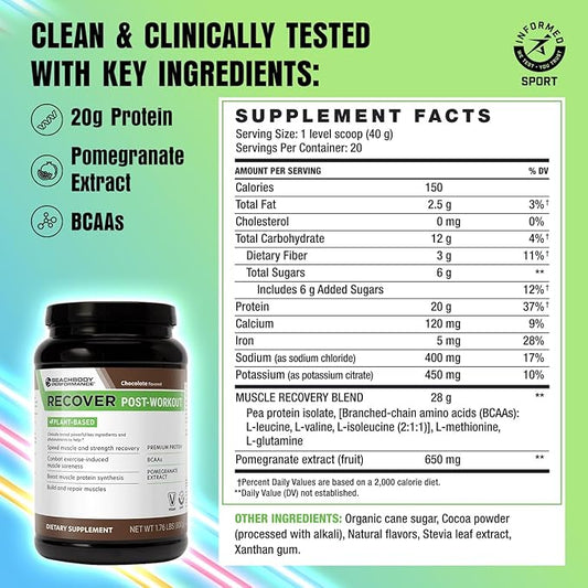 BODi Recover Plant-Based Protein Powder Blend– Post-Workout Chocolate Plant-Based Supplement for Muscle Recovery with 20g Protein, BCAAs, Pomegranate Extract - Fast Recovery - 20 Serving Tub