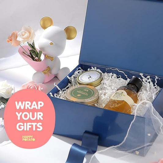 HAPPY POTATO Gift Box with Lid and Ribbon 9x6.5x3.8 Inches, Groomsman Proposal Box, Magnetic Blue Gift Box for Presents (Glossy Blue)